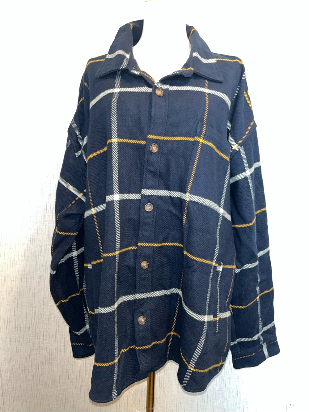 Men's Navy Plaid Button-Up Shirt Jacket